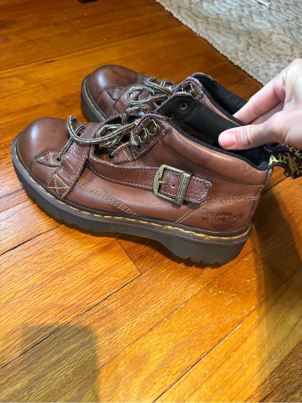 Dr. Martens Brown Leather Lace-Up Buckle Shoes with Yellow Stitching